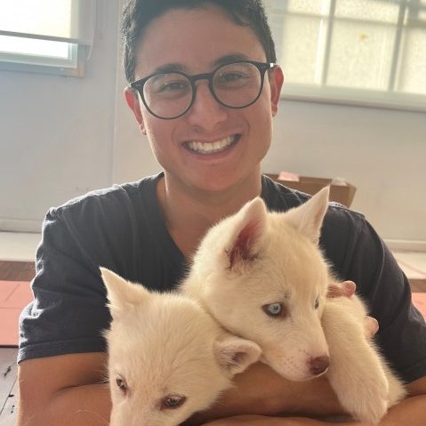 Benjamin Sofaer holding white hair puppies